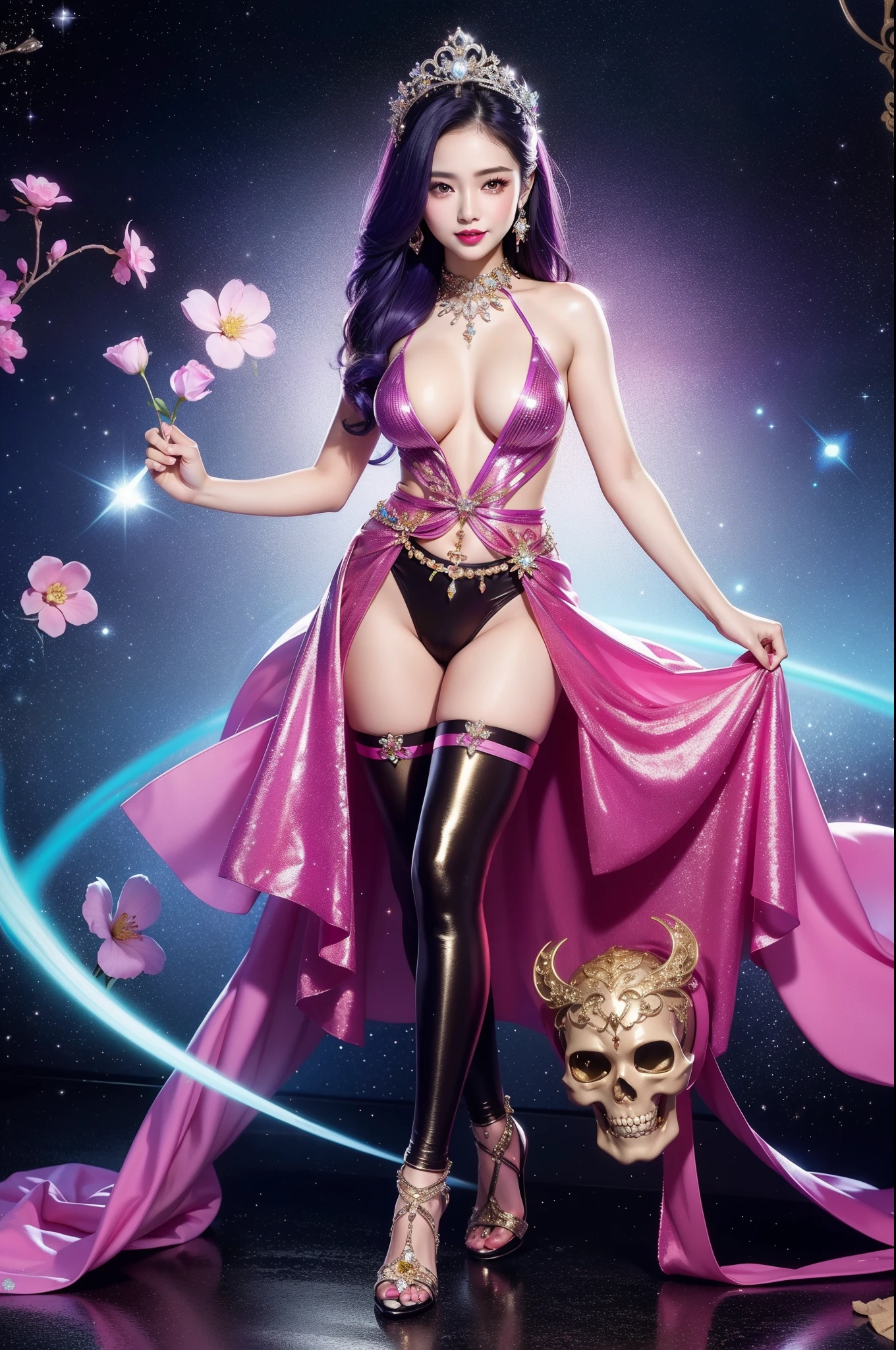 sexy Thai model who controls poison、beautiful smile、lip-gloss、bold lipstick、metallic makeup、look at the camera、full body Esbian、、sparkling poisoned flower costume、、、、sparkling Colorful hair、secrete poison、skull hair accessories、sexy tights、shiny sparkling flowers background