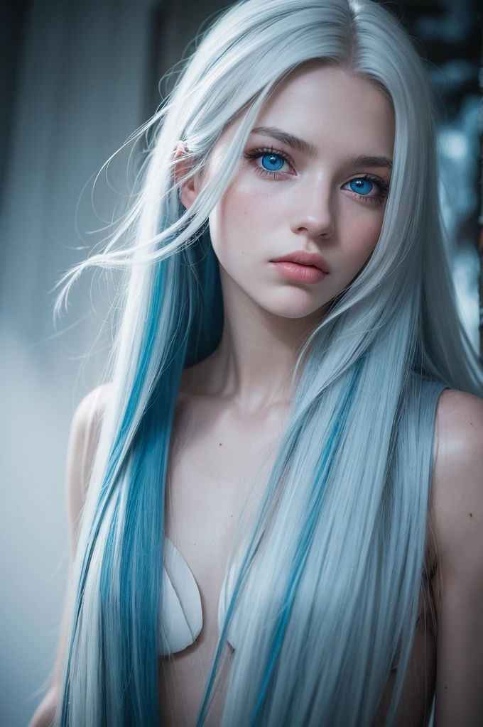 ((best qualityer)), ((work of art)), (detailded), raw and candid analog photo of a beautiful young woman, textura de pele realista, long white hair, blue colored eyes, Scrawny, (cloused mouth:1.1), Erotic, chilled out, fog lighting, winter, neve, 35mm