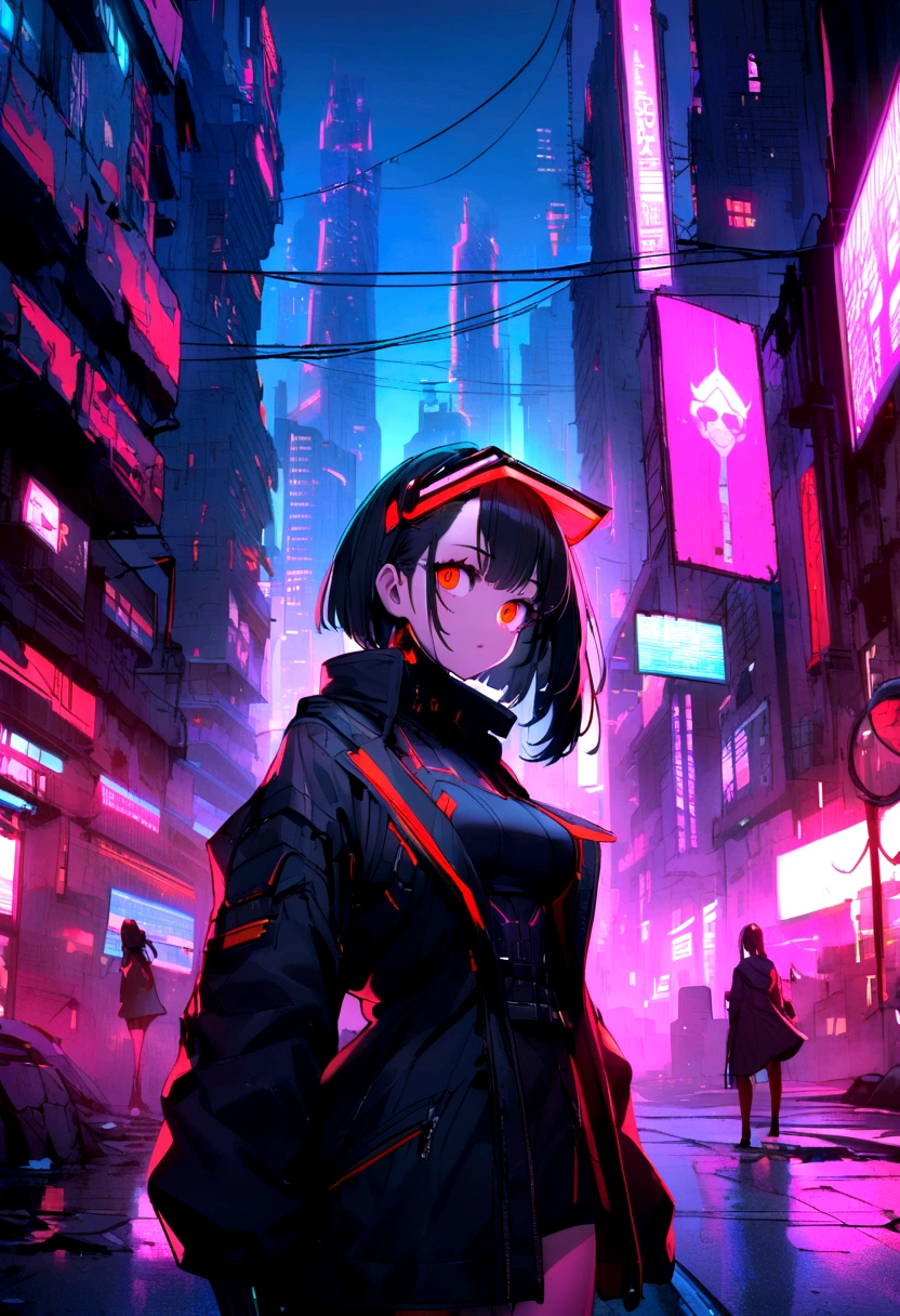 Cyberpunk anime girl, black hair with red streaks, large cybernetic bright eyes, black outfit, red neons around, futuristic visor, dystopian city in the background, high-tech aesthetics, advanced technology details
