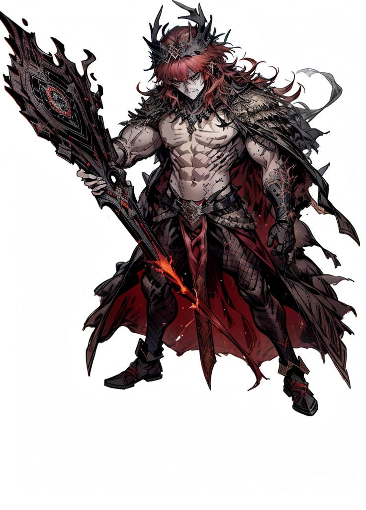 1boy,black crown,red hair, Exposed muscular chest, full of scars and burns, exposed torso, big thighs, manly, legendary weapon ,,(masterpiece, best quality), Angry, aura of fire
