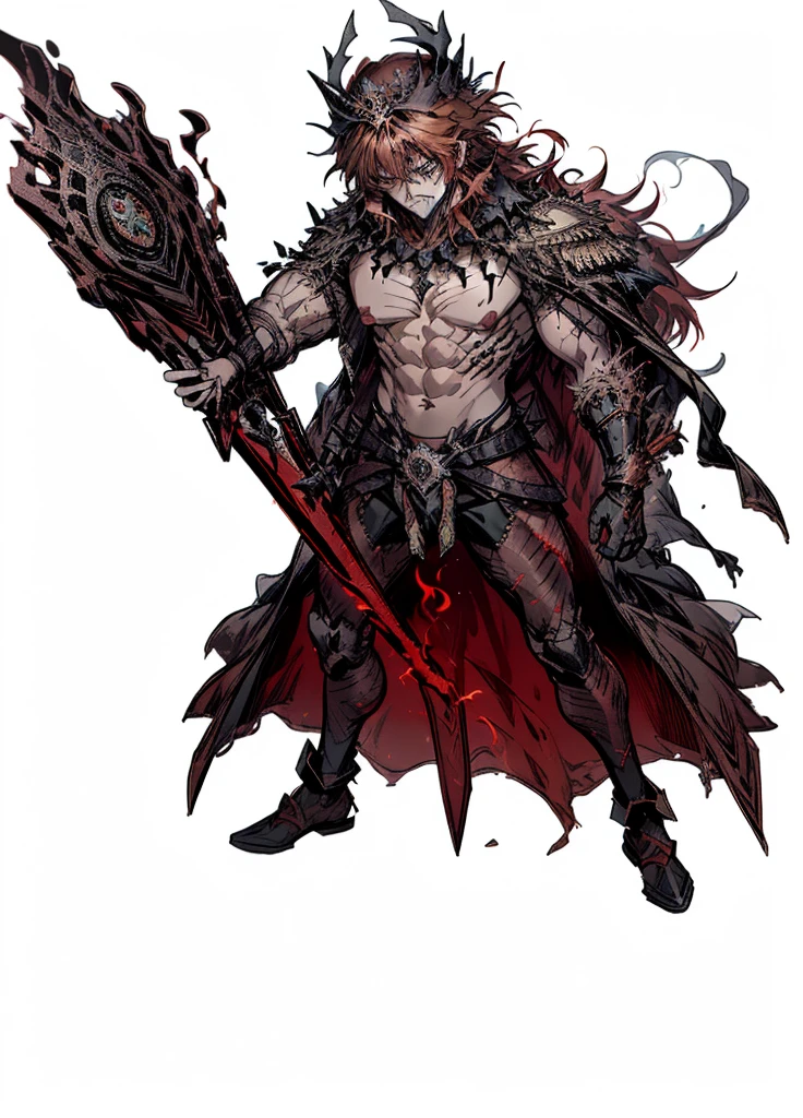 1boy,black crown,red hair, Exposed muscular chest, full of scars and burns, exposed torso, big thighs, manly, legendary weapon ,,(masterpiece, best quality), Angry, aura of fire