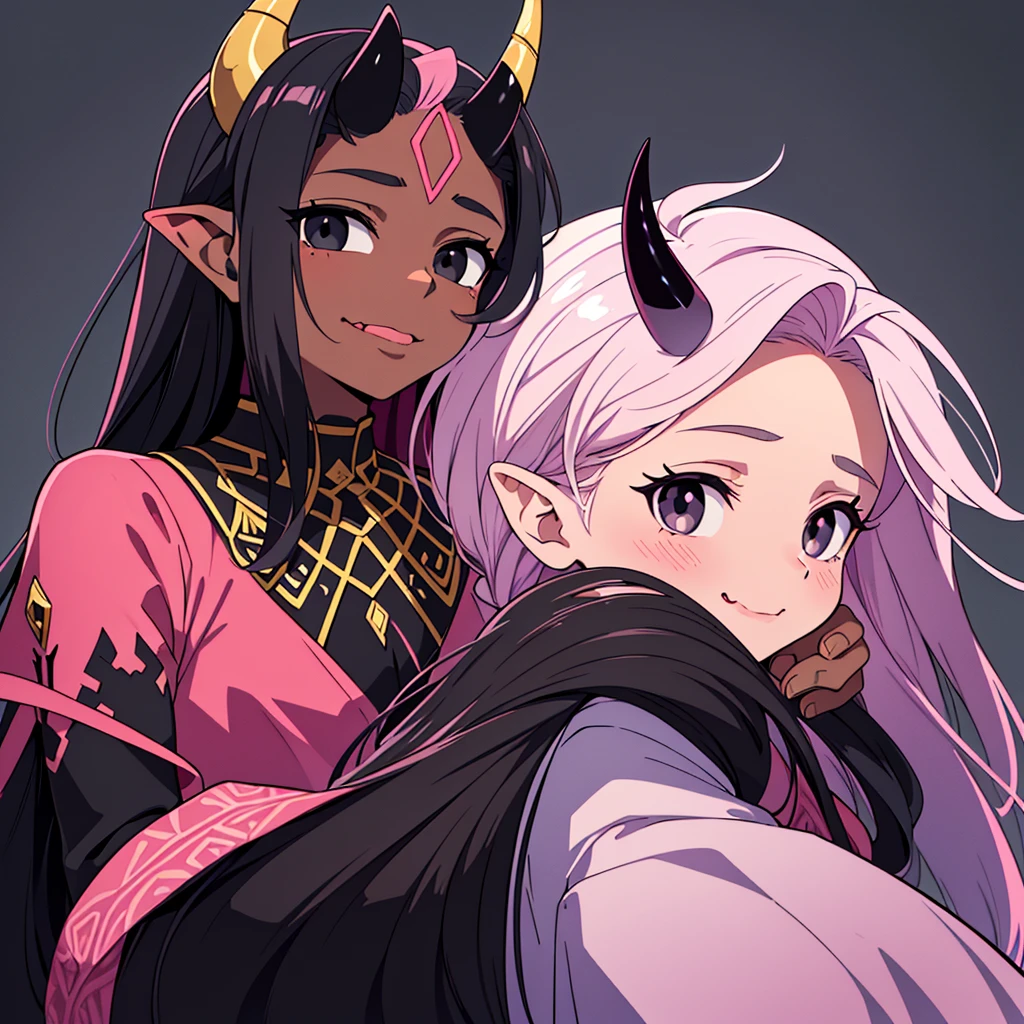 portrait, of an incubus ((male character)), with dark black skin, long flowing mixed hair ((smoky texture hair)), staring at the viewer ((black eyes, tender and melancholic look)), smiling sadly (( thin lip, slightly pink)), disintegrating little by little on the right side of the face, horn ((small horn, two black horns, on the forehead)).