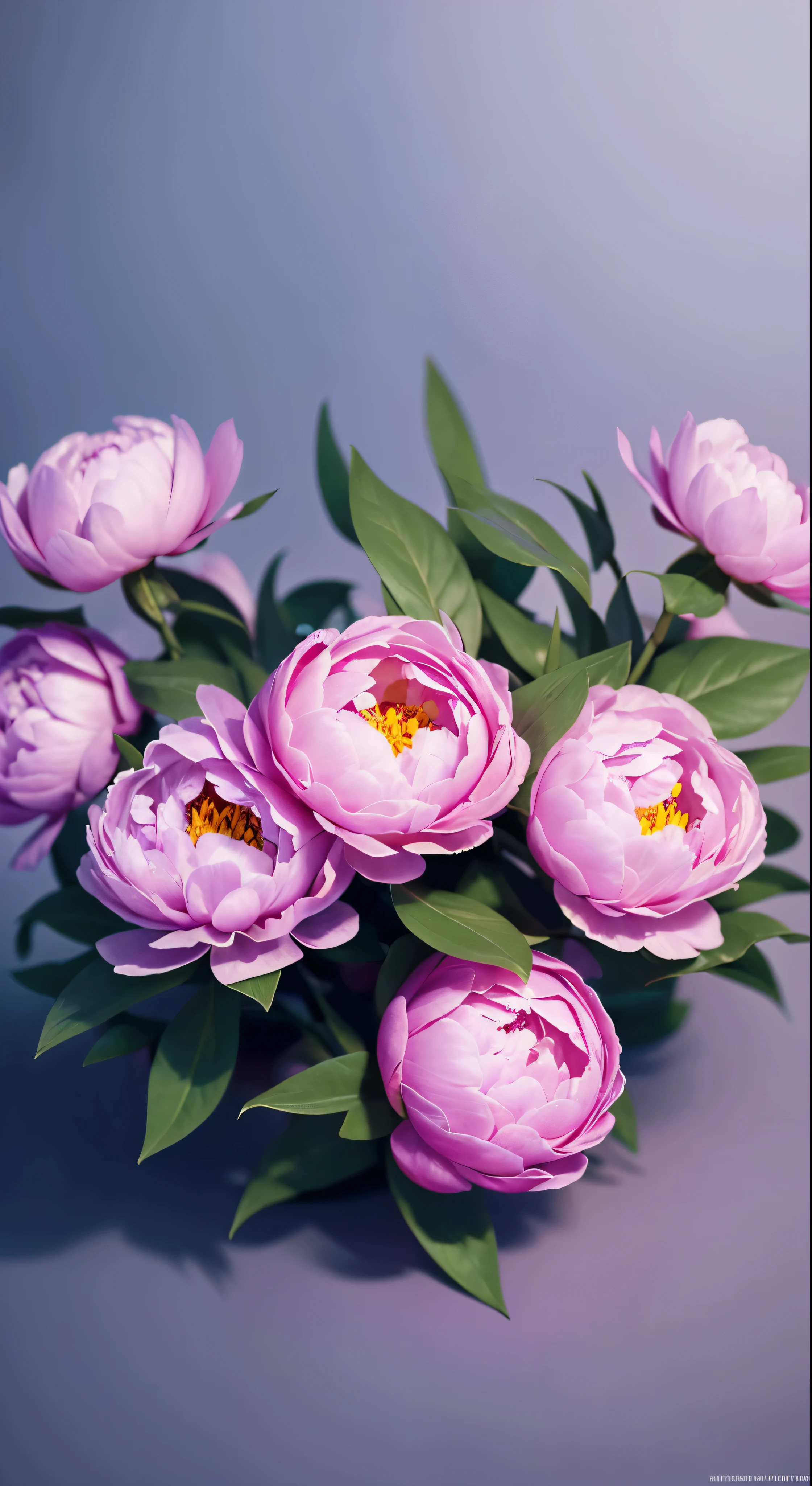 many peony flowers pink and violet, blue background, highly detailed, hyper-realistic, 3d, octane render, bright colors, digital painting, trend in artstation, sharp focus,