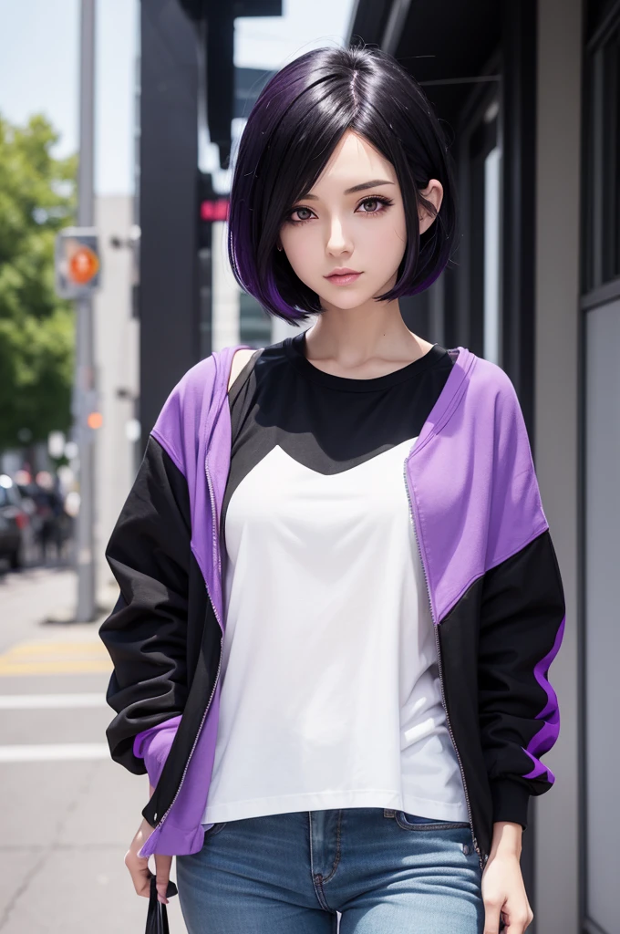 In a anime style, white woman, black hair, very short hair, half purple hair, black eyes, slanted eyes, casual clothes, black and purple clothing tones, anime style