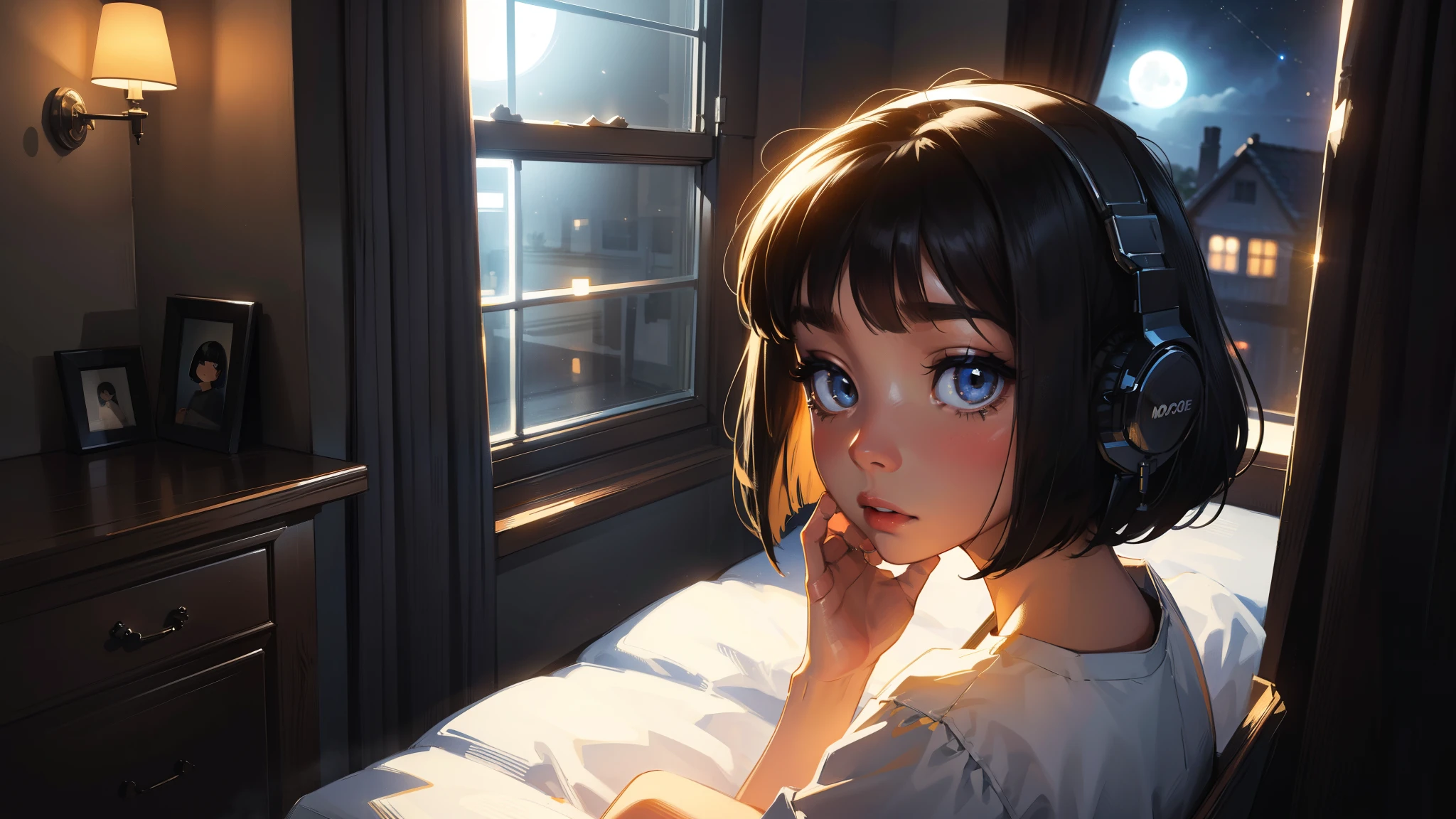 Create a highly detailed beautiful woman, Perfect face,Black Hair, bob cut,Illustration of bangs, Sitting sideways at the window of her room, She is wearing headphones,Expressing sadness and introspection, The moonlight shines softly into the room, Gently illuminate the space, The curtains sway in the breeze, Enhance tranquility, melancholic atmosphere, Emphasizes the theme of loneliness, Be quiet, and late at night, The room is dark,But the moonlight slightly illuminates the room
