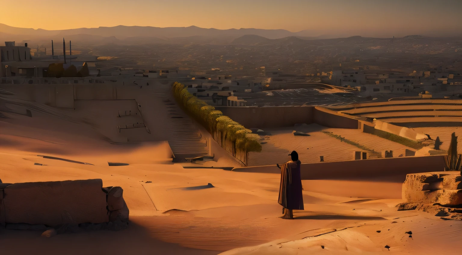 Ancient Israel、1st century、(((Perished city))、dark ambiance、evening、in 8K、Raw photography、top-quality、masterpiece:1.5、ultra-lightweighthigh-resolution、Photorealsitic:1.5、ciinematic light、soft volumetric lighting:1.5、realisitic、Photorealsitic:1、Detailed skin、profetional lighting、a picture、foco nítido、detaileds、profetional lighting、photon maping、detailed and intricate environment、ighly detailed、top-quality、Artistic photography、photorrealistic concept art、soft natural volumetric cinematic perfect light、Midjourney、Detailed hand、