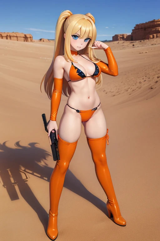 Highest quality,Highest Resolution,(((Dark orange bikini Thigh-high boots))) Metal Max 2:Reloaded Mishka gun Blonde long hair Blue Eyes D Cup 20-year-old end of the century desert Warrior cool Muscular