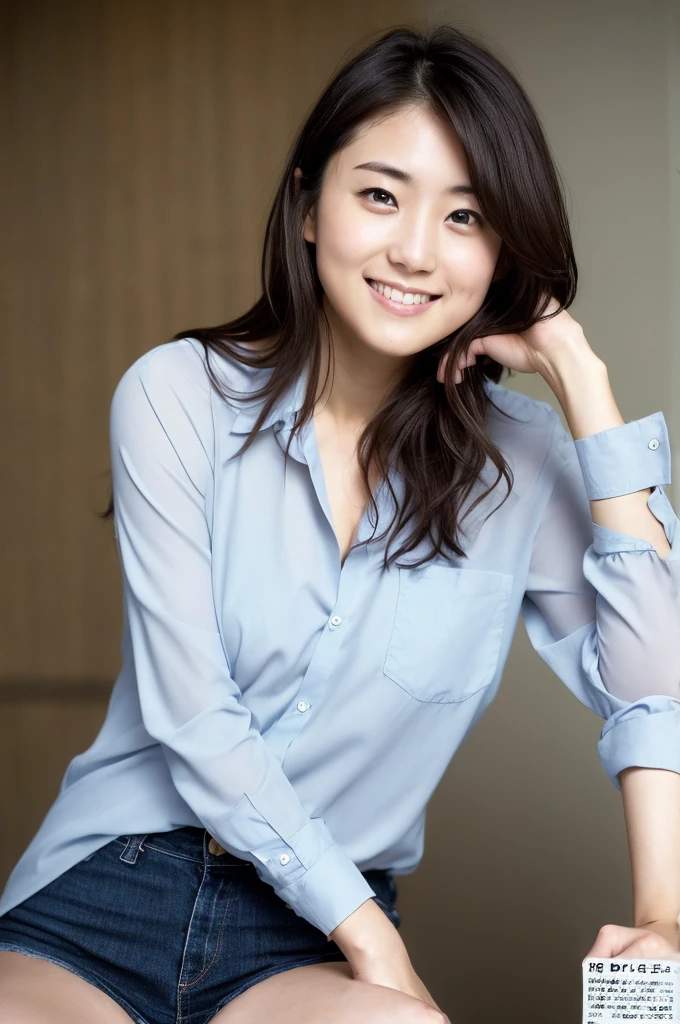 (((One girl,alone))),(Highly realistic photos, High resolution, Detailed face, Beautiful Eyes) Japanese women, 21 years old, Cute face, alone:1, Nice body, Plump figure, Medium chest, ,Hairstyle, Take a photo book,Dark Sky、shirt、Healthy Body,smile,Thighs