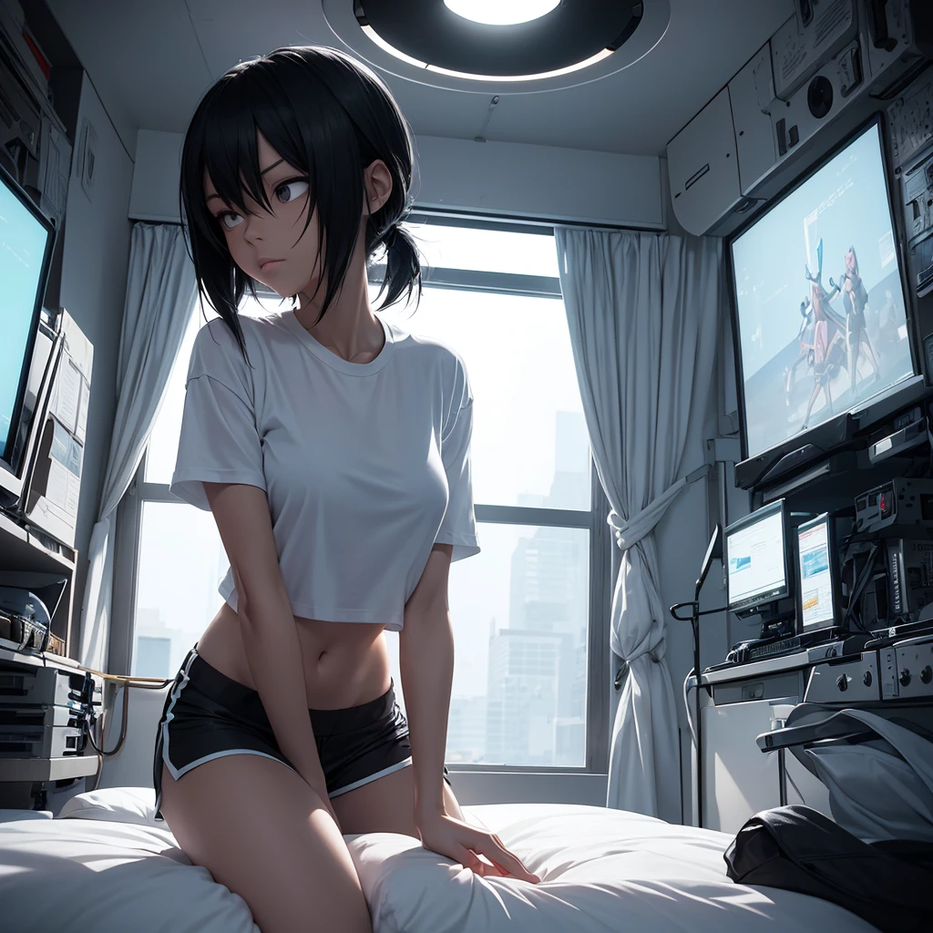 woman similar to gorillaz noodle, tied black hair ((drawing)), ((anime girl nose)) , An athletic and fit woman with a toned body, wearing a comfortable white collarless t-shirt and breathable white mesh shorts, resting in his room on his spaceship. The interior features advanced technological panels and minimalist design, with smooth metal surfaces and soft ambient lighting. A large round window dominates the room, offering a stunning view of an enormous black hole, whose event horizon subtly glows against the vastness of space. The image captures a peaceful moment of reflection as the girl gazes into the towering black hole, with the environment around her emphasizing the serene, futuristic ambiance of her life in space