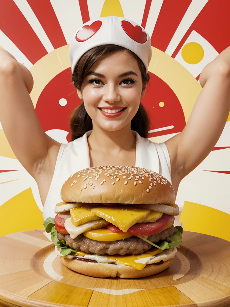 A retro-style illustration for "BUZZ BURGER" featuring a 50s cartoon rubber hose bee grinning inside a circular icon. The bee, wearing a red and white striped cap, holds a juicy burger with sesame seed buns and dripping cheese. The playful, curvy font of "BUZZ BURGER" evokes nostalgia and fun. The bright white background makes the colorful elements pop, perfect for a classic American diner.