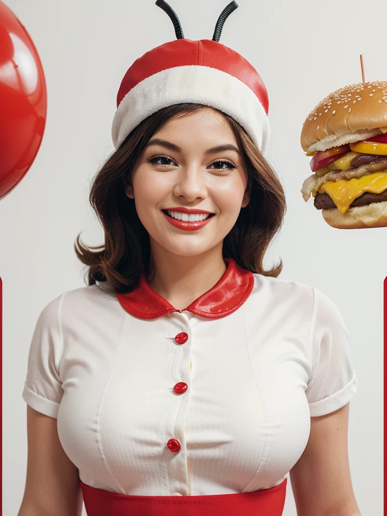 A retro-style illustration for "BUZZ BURGER" featuring a 50s cartoon rubber hose bee grinning inside a circular icon. The bee, wearing a red and white striped cap, holds a juicy burger with sesame seed buns and dripping cheese. The playful, curvy font of "BUZZ BURGER" evokes nostalgia and fun. The bright white background makes the colorful elements pop, perfect for a classic American diner.