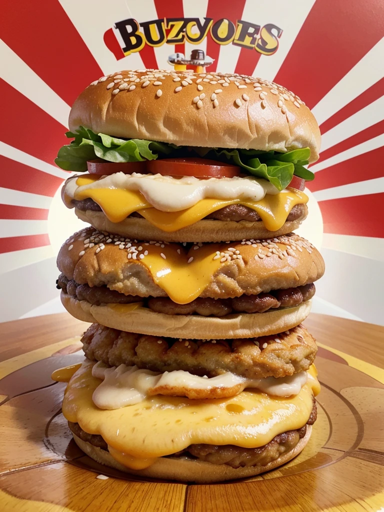 A retro-style illustration for "BUZZ BURGER" featuring a 50s cartoon rubber hose bee grinning inside a circular icon. The bee, wearing a red and white striped cap, holds a juicy burger with sesame seed buns and dripping cheese. The playful, curvy font of "BUZZ BURGER" evokes nostalgia and fun. The bright white background makes the colorful elements pop, perfect for a classic American diner.