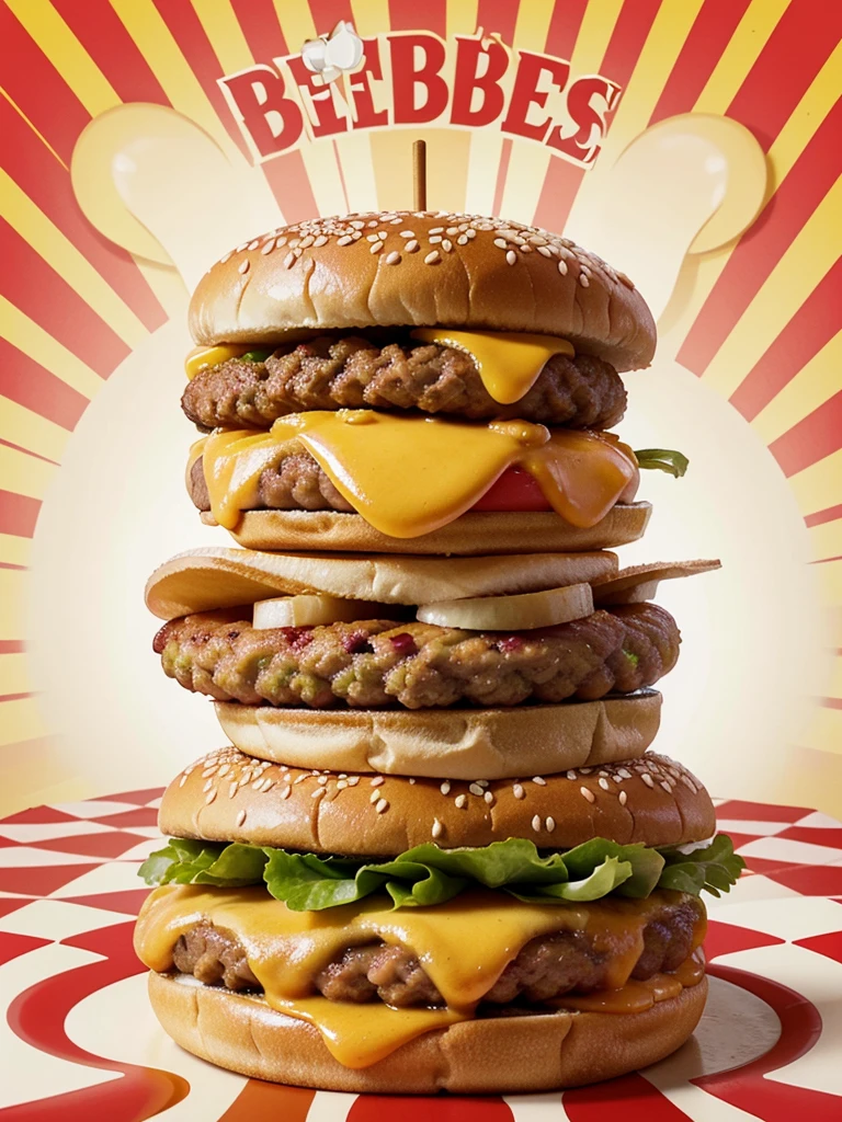 A retro-style illustration for "BUZZ BURGER" featuring a 50s cartoon rubber hose bee grinning inside a circular icon. The bee, wearing a red and white striped cap, holds a juicy burger with sesame seed buns and dripping cheese. The playful, curvy font of "BUZZ BURGER" evokes nostalgia and fun. The bright white background makes the colorful elements pop, perfect for a classic American diner.
