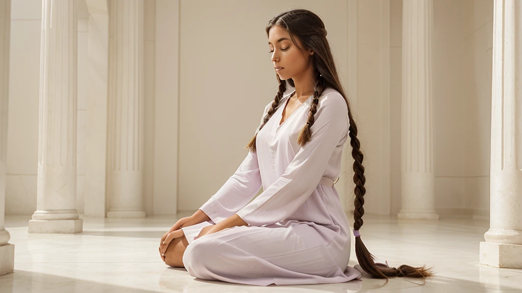 A woman with brown skin tone similar to that of an Indian, with long, straight, brown hair styled in two braids, in a meditation position with her eyes closed and hands in a prayer position. She is wearing a light and flowing lilac dress. The image should be full-body, highly realistic, showing the woman in a meditation pose in an entirely white temple with a white floor, white stone walls, white ceiling, and white columns.