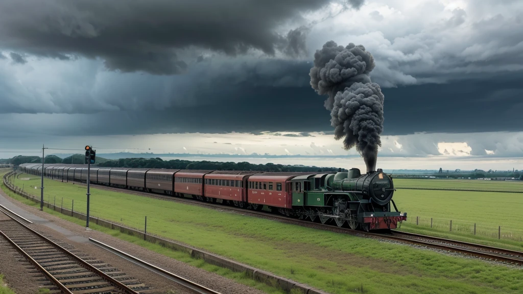 SHOW TRAIN, railway museum, Railway with magnificent train, rainy daytime, overcast sky with clouds. green field.