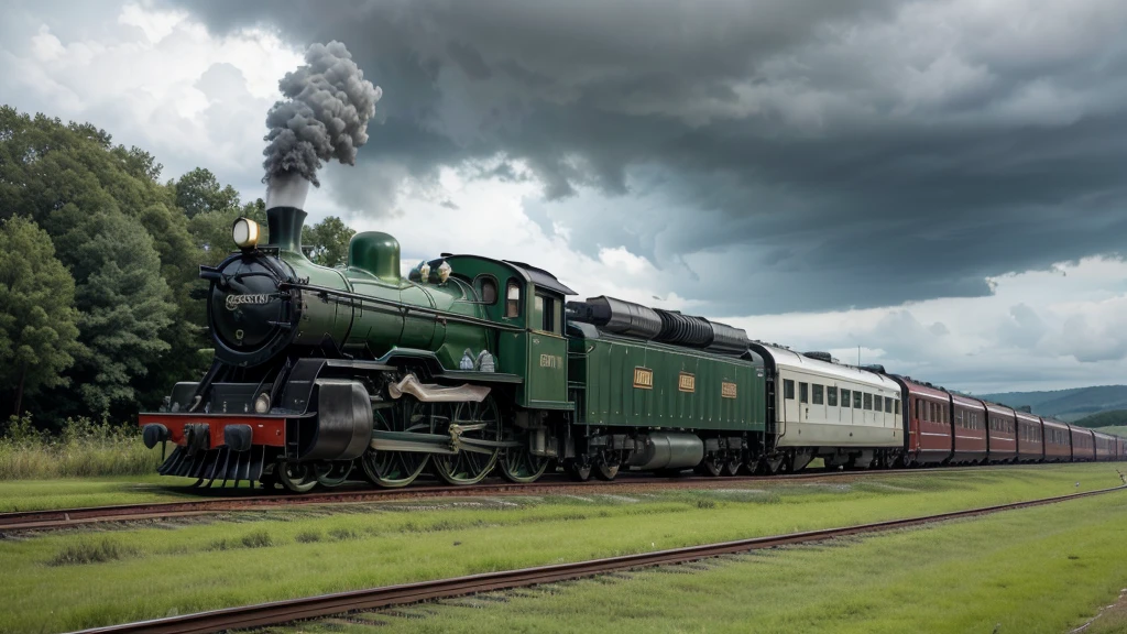 SHOW TRAIN, railway museum, Railway with magnificent train, rainy daytime, overcast sky with clouds. green field.
