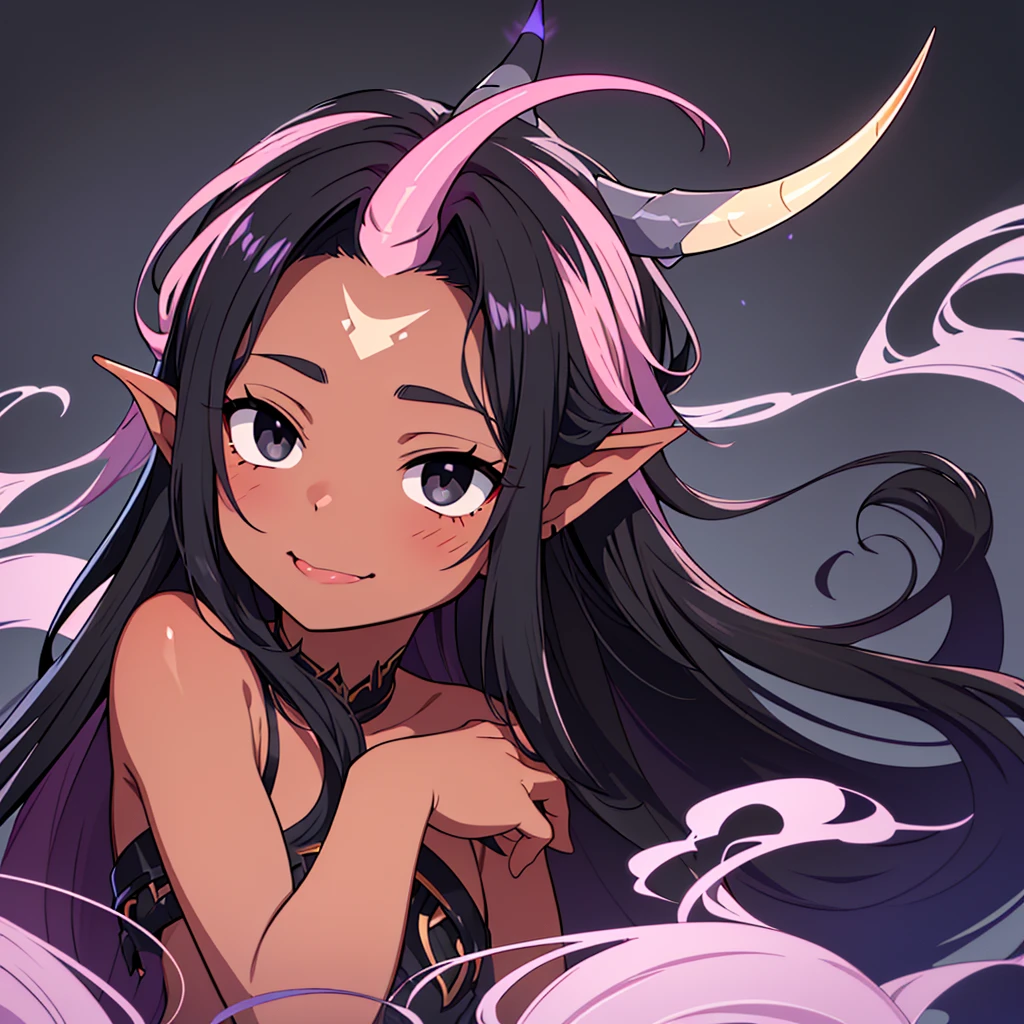 portrait, of an incubus ((male character)), with dark black skin, long flowing mixed hair ((smoky texture hair)), staring at the viewer ((black eyes, tender and melancholic look)), smiling sadly ((  thin lip, slightly pink)), disintegrating little by little on the right side of the face, horn ((small horn, two black horns, on the forehead)).