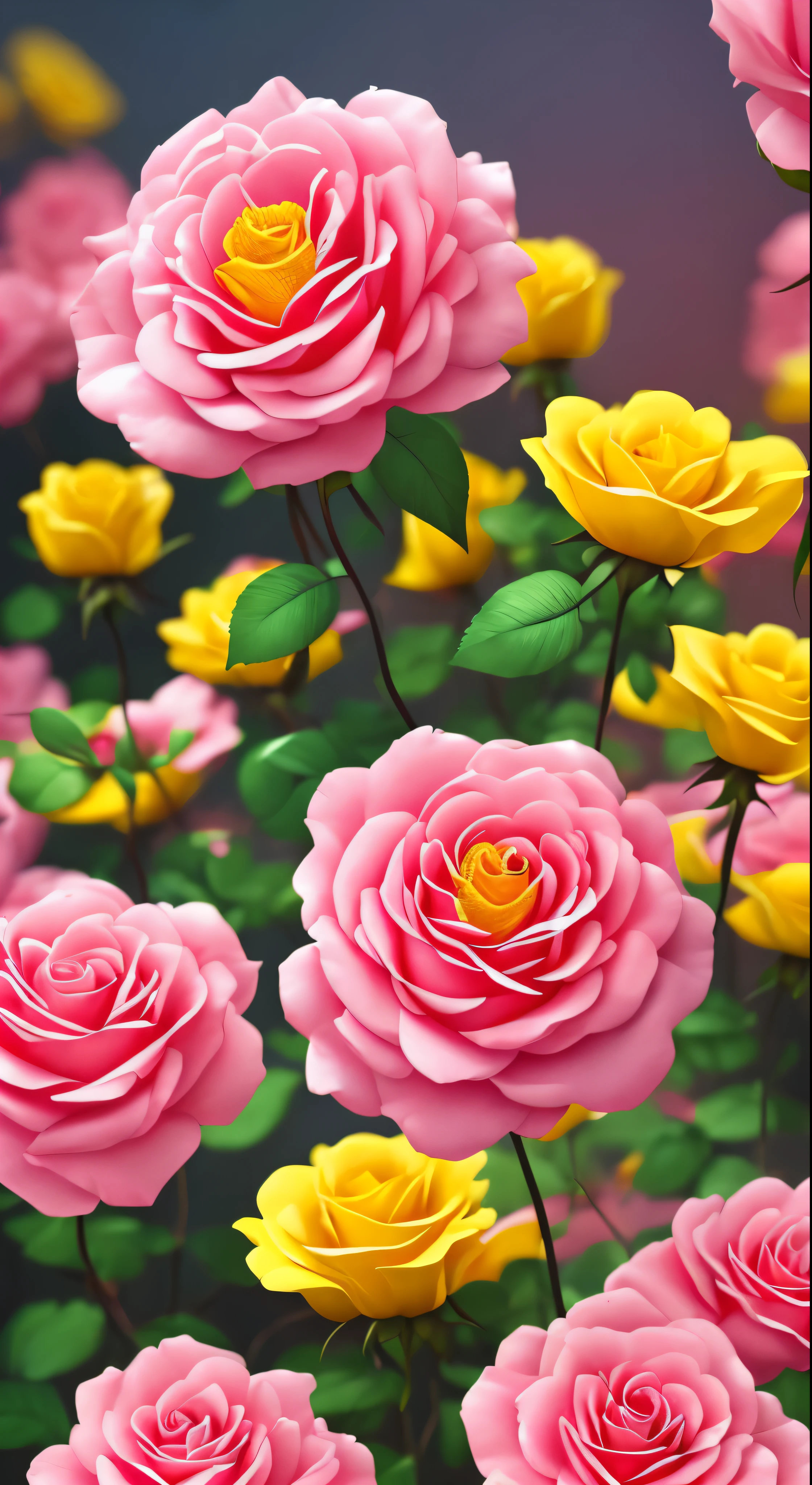 with high definition images，Yellow rose flowers、Pink Background、Very detailed、Ultra-realistic、3d、Octane Rendering、Bright colors、Digital Painting、ArtStation Trends、Sharp Focus、