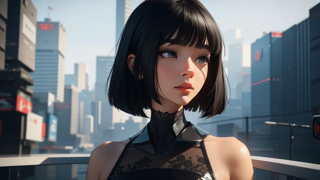 best quality,Perfect masterpiece,perfect work of art,8K, A very detailed beautiful woman, Perfect face,Black Hair, bob cut,Bangs, Gray eyes, Super detailed, delicate face, Pearl Illusion,cyberpunk,fashion trends,3s materials,HD,Detailed performance,C4D,3d,Octane Rendering,Ray tracing,Intricate details,animated lighting,Renderer,8K,