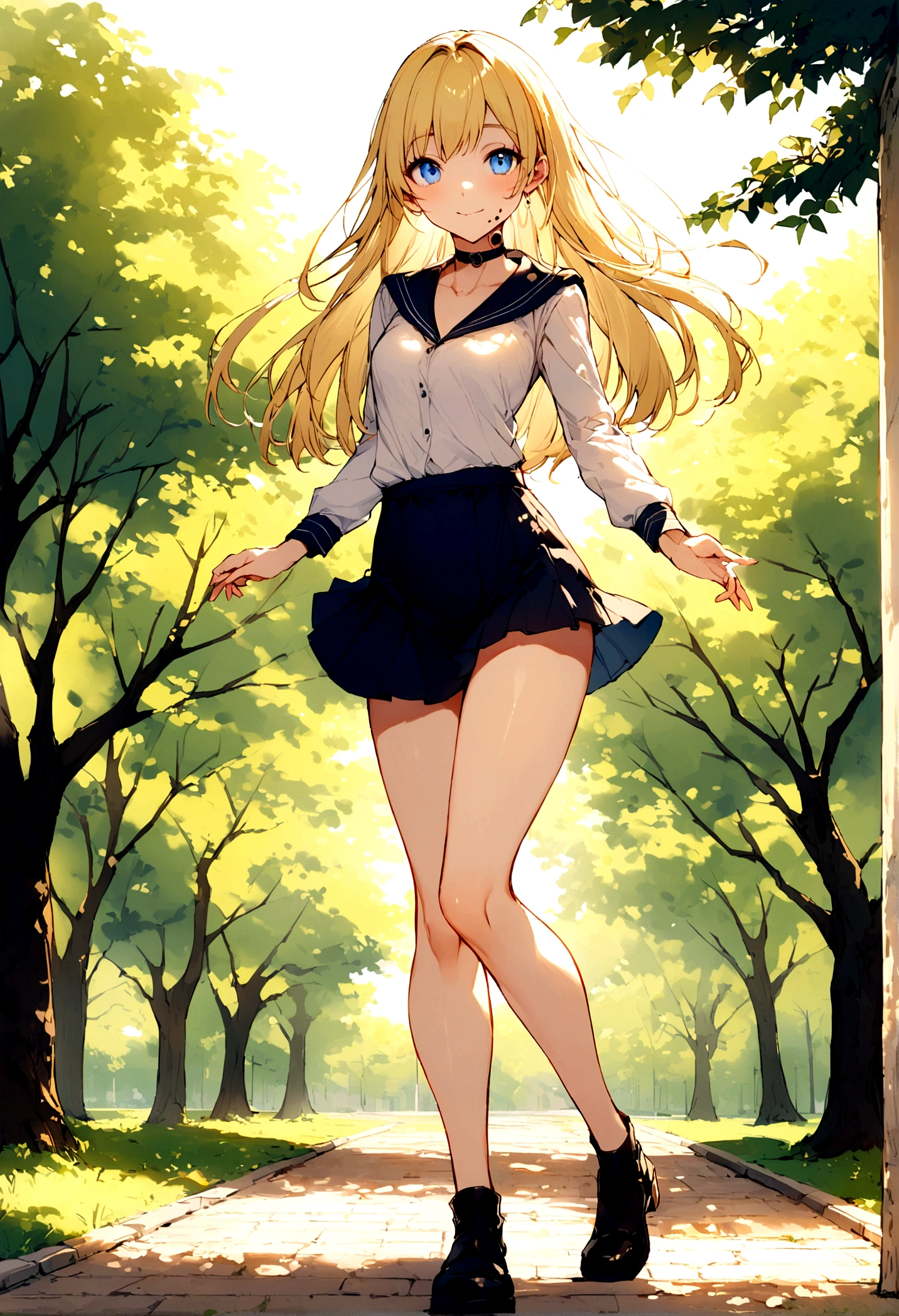 a young woman, 20 years old, blonde, straight hair, blue eyes, hole in the chin, BEAUTIFUL, PERFECT BODY, FULL BODY, HAPPY smiling, standing full body, IN A PARK, in a MINI SKIRT, BODY ON THE SIDE