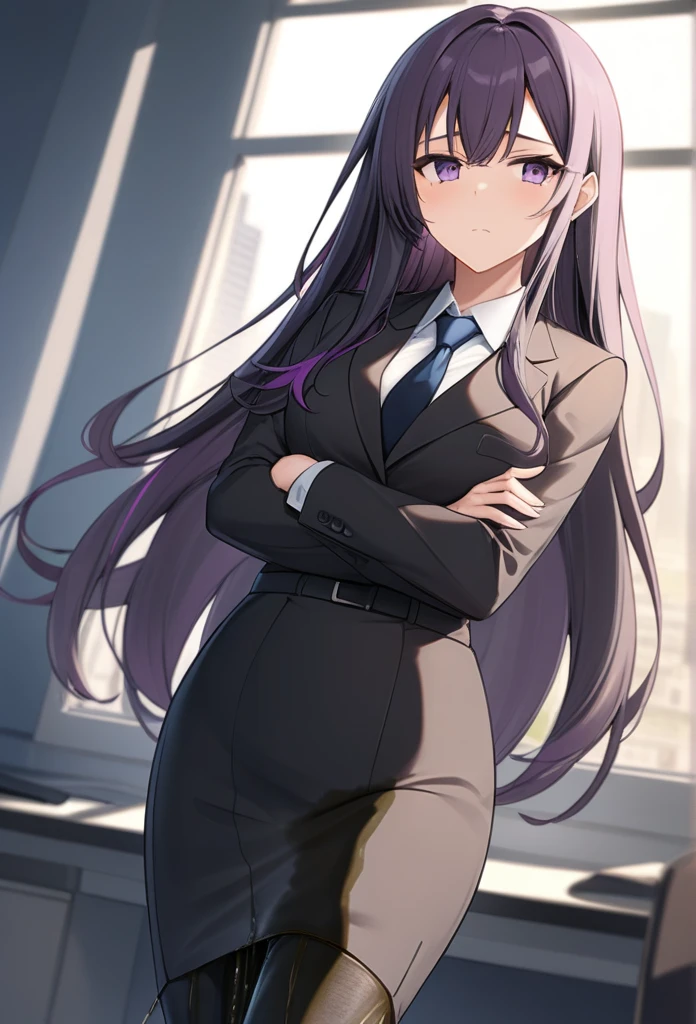 (masterpiece:1.37), best quality, (extremely detailed:1.37), office, window overlooking a bustling cityscape, woman, (mature:1.75), (adult:1.5), (very long hair:1.5), dark purple hair, purple eyes, (extremely detailed eyes:1.37), breasts, sunglasses, business suit, necktie, (very long pencil skirt:2.0), pantyhose, (wetting herself:1.5), standing straight, (desperation:1.5), full body day, daytime, glow, facing viewer, perfect composition, Perfect light and shadow, 8K, (arms crossed:1.5)
