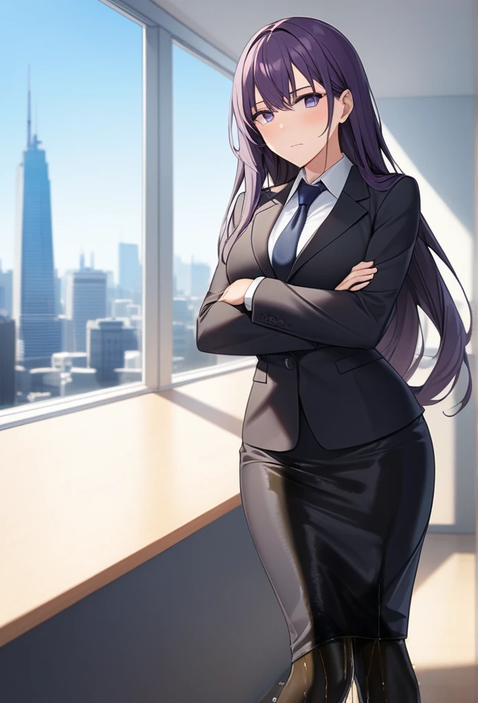 (masterpiece:1.37), best quality, (extremely detailed:1.37), office, window overlooking a bustling cityscape, woman, (mature:1.75), (adult:1.5), (very long hair:1.5), dark purple hair, purple eyes, (extremely detailed eyes:1.37), breasts, sunglasses, business suit, necktie, (very long pencil skirt:2.0), pantyhose, (wetting herself:1.5), standing straight, (desperation:1.5), full body day, daytime, glow, facing viewer, perfect composition, Perfect light and shadow, 8K, (arms crossed:1.5)