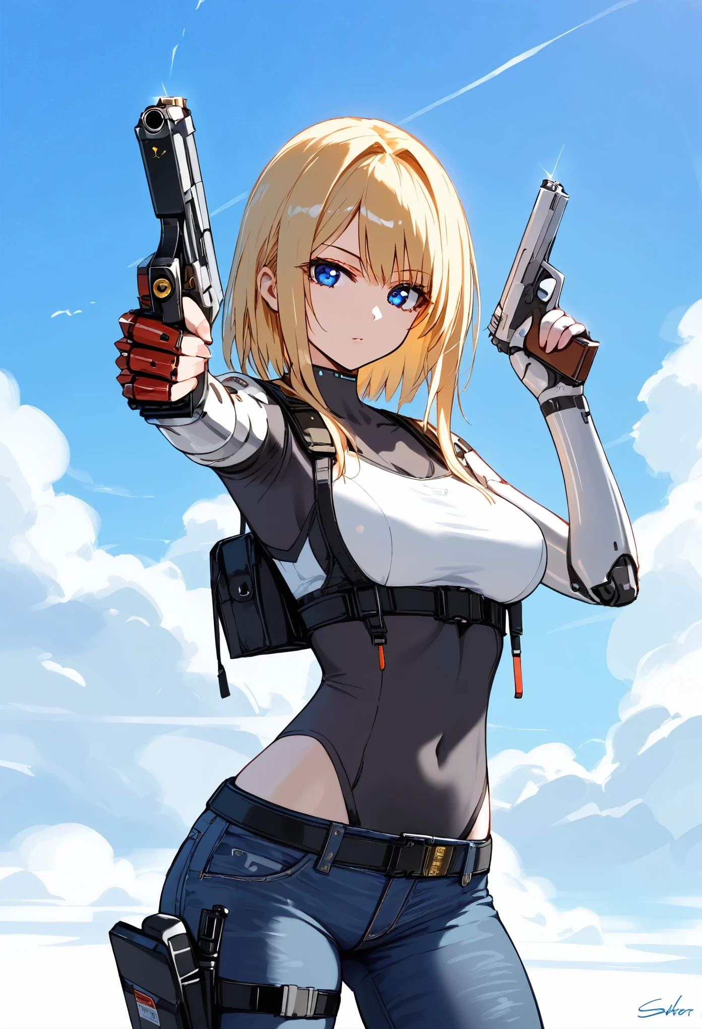 masterpiece, best quality, ultra detailed, elster, cyborg, 1girl, solo, blue eyes tops, jeans, and combat boots, covered navel, holster aiming at viewer, handgun, holding pistol, upper body,