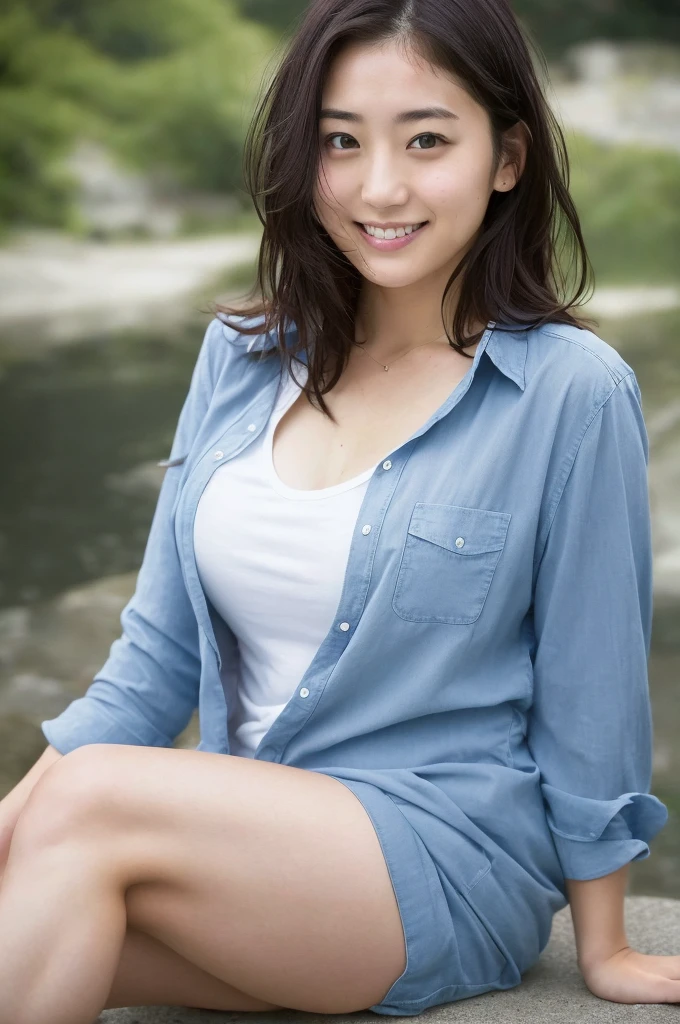(((One girl,alone))),(Highly realistic photos, High resolution, Detailed face, Beautiful Eyes) Japanese women, 21 years old, Cute face, alone:1, Nice body, Plump figure, Medium chest, ,Hairstyle, Take a photo book,Dark Sky、shirt、Healthy Body,smile,Thighs