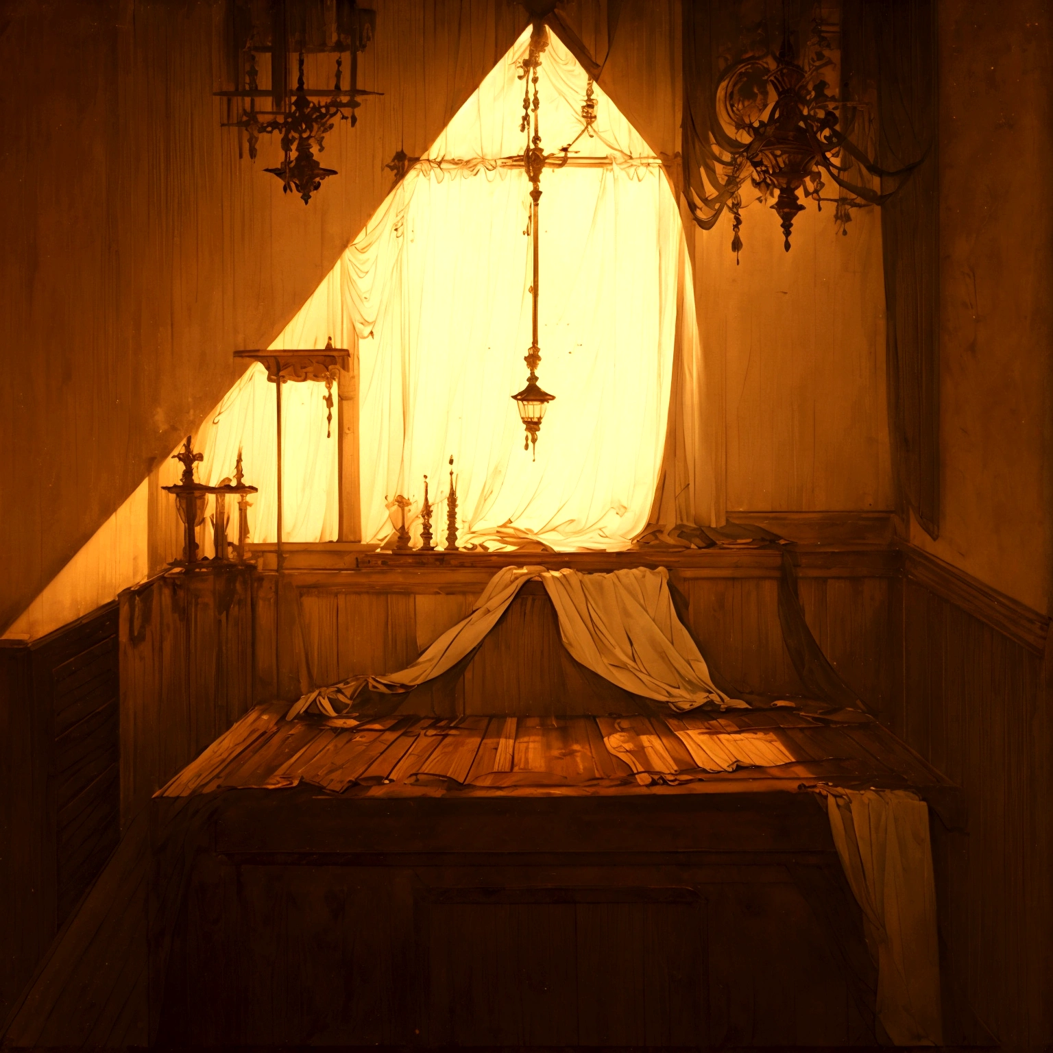Create a scene in an old attic with the following items:

Main Scenario:

An old portrait on a lectern, covered by a white blanket with blood stains. The portrait must not be visible.
Left Corner of the Attic:

A box with a blood-stained yellow scarf placed on or partially inside it.
Right Corner of the Attic:

a lit candle, dimly illuminating the attic. The candle must be in the process of going out, emitting smoke.
Additional details:

Add some cobwebs scattered around the attic, but in minimal quantities to give a touch of antiquity without overloading the image.
Make sure the atmosphere is dark and mysterious, with soft lighting and shadows that add a dramatic effect to the scene.
 all this represented the story of dorian gray

