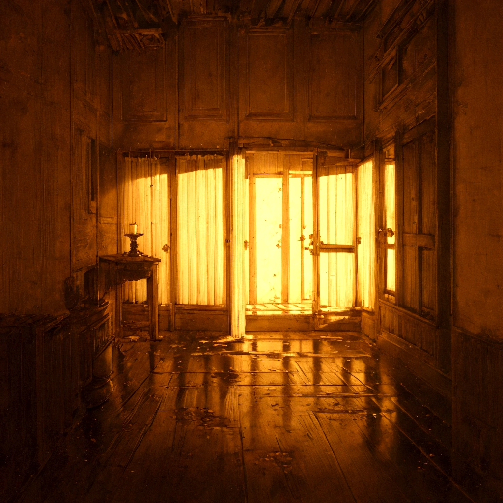 Create a scene in an old attic with the following items:
Main Scenario:
An old portrait on a lectern, covered by a white blanket with blood stains. The portrait must not be visible.
Left Corner of the Attic:
A box with a blood-stained yellow scarf placed on or partially inside it.
Right Corner of the Attic:
a lit candle, dimly illuminating the attic. The candle must be in the process of going out, emitting smoke.
Additional details:
Add some cobwebs scattered around the attic, but in minimal quantities to give a touch of antiquity without overloading the image.
Make sure the atmosphere is dark and mysterious, with soft lighting and shadows that add a dramatic effect to the scene.
all this represented the story of dorian gray