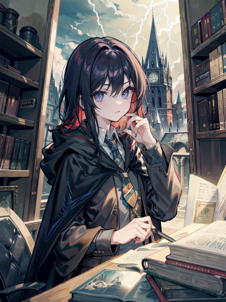 maximum details, cinematic, abstract art, dark theme,  deep shadow, 
1 girl, adult (elven:0.7) woman, freckles, ruby eyes, dark red quiff hair, 
(style-swirlmagic:0.8),  looking at viewer, solo, (full body:0.6), detailed background, detailed face, (fragrealitytech theme:1.1), hogwarts teacher,  curious, (ravenclaw :1.1), necktie,   cloak,  casting spell, surrounded by lightning,  library in background,   sunlight,