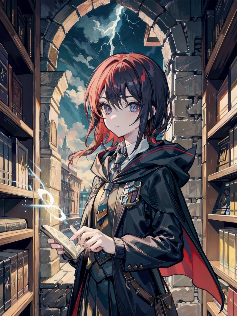 maximum details, cinematic, abstract art, dark theme, deep shadow,
1 girl, adult (elven:0.7) woman, freckles, ruby eyes, dark red quiff hair,
(style-swirlmagic:0.8), looking at viewer, solo, (full body:0.6), detailed background, detailed face, (fragrealitytech theme:1.1), hogwarts teacher, curious, (ravenclaw :1.1), necktie, cloak, casting spell, surrounded by lightning, library in background, sunlight,
