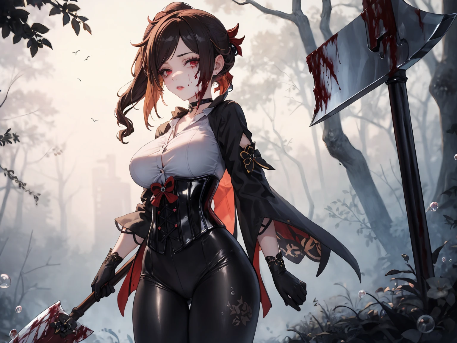 ((blood droplets)), ((blood)), ((blood splatter)), ((blood on clothes)), ((blood stain)), Masterpiece, Beautiful art, professional artist, 8k, Very detailed face, Detailed clothing, detailed fabric, 1 girl, Chiori \(genshin impact\), standing, perfectly drawn body, big breasts, shy expression, pale skin, beautiful face, long black hair, 4k eyes, very detailed eyes, pink cheeks, choker:1.6, (white collar button down long sleeve shirt), black gloves, gloves that cover hands, (holds an ax with his right hand), (black leather corset), (shiny black leggings), Sensual Lips , evening de invierno, show details in the eyes, looking at the viewer, Dark road, dark forest, evening, Atmosphere, fog