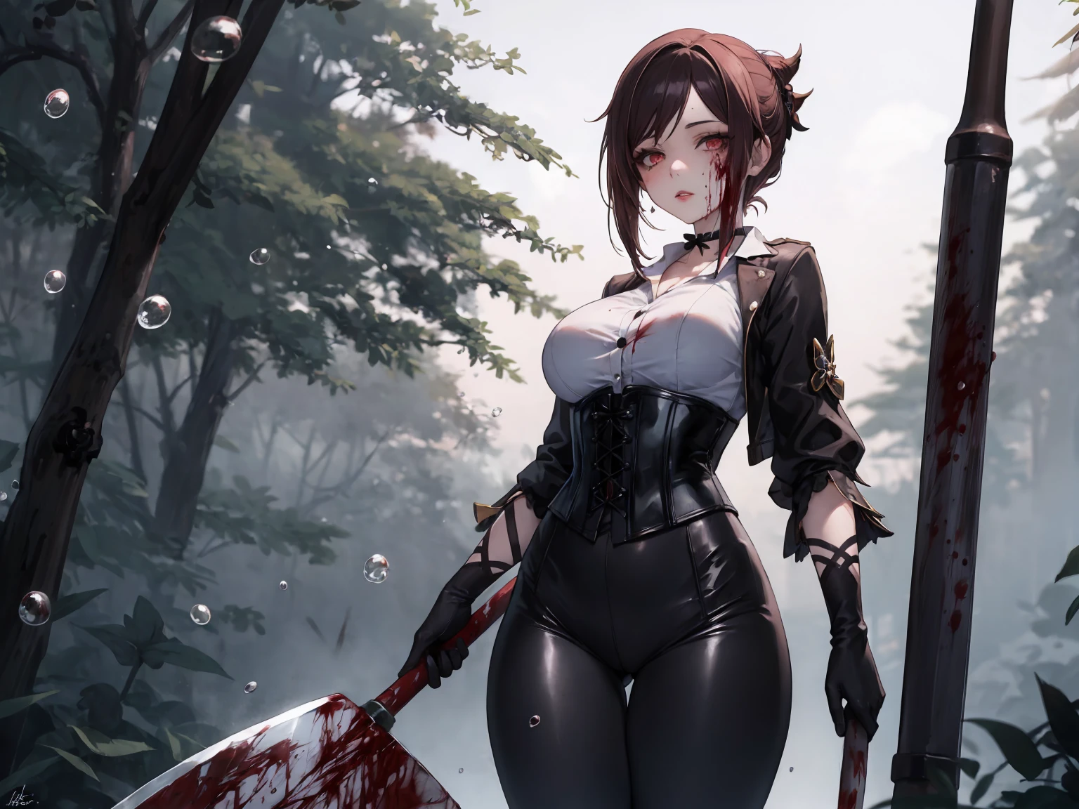 ((blood droplets)), ((blood)), ((blood splatter)), ((blood on clothes)), ((blood stain)), Masterpiece, Beautiful art, professional artist, 8k, Very detailed face, Detailed clothing, detailed fabric, 1 girl, Chiori \(genshin impact\), standing, perfectly drawn body, big breasts, shy expression, pale skin, beautiful face, long black hair, 4k eyes, very detailed eyes, pink cheeks, choker:1.6, (white collar button down long sleeve shirt), black gloves, gloves that cover hands, (holds an ax with his right hand), (black leather corset), (shiny black leggings), Sensual Lips , evening de invierno, show details in the eyes, looking at the viewer, Dark road, dark forest, evening, Atmosphere, fog