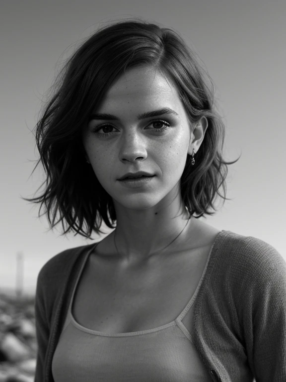 Emma Watson, Photorealistic, masterpiece grayscale photo, woman with messy hair and poor minuscule postapocalyptic clothes, cute sexy, (detailed wastelands background), ultra sharp focus, detailed face, (((posing))), random hair color, short hair, beautiful eyes, full body, high quality black and white image