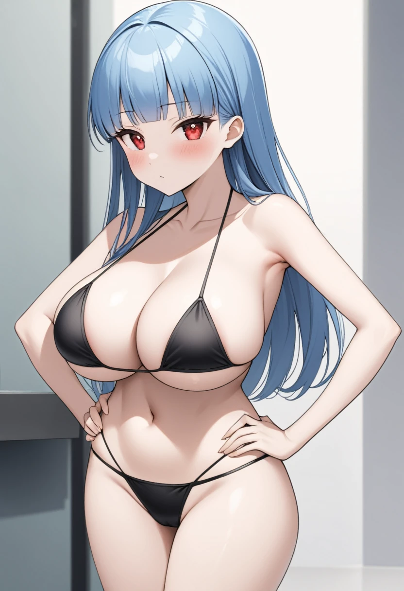 My name is Yukiko.I am a white test woman with long Sky blue hair,red eye color.I am 1.62 cm tall . My breasts measure 200 cm, my waist 40 cm and my hips 200 cm. Dressed in a black string bikini . With big breasts 200 cm