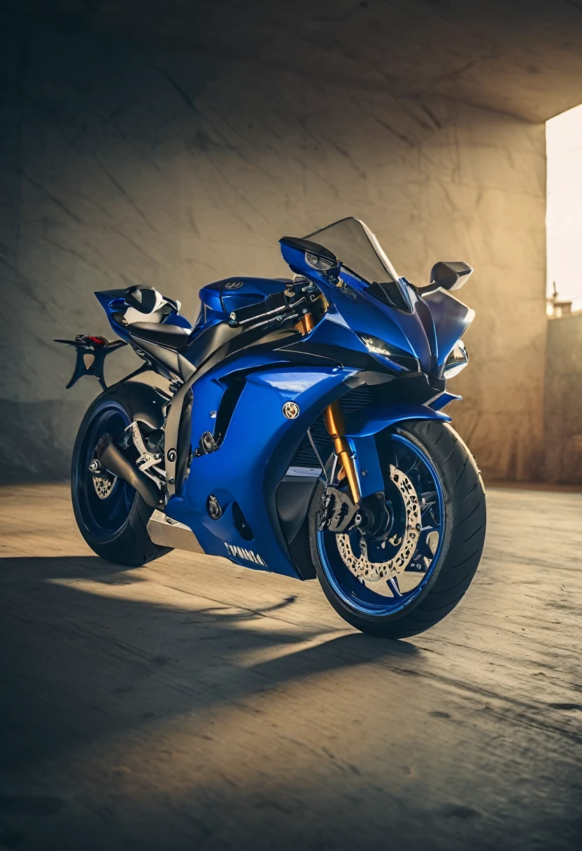 blue Yamaha YZF-R7, cinematic camera angle, phone wallpaper, masterpiece quality, cinematic photography