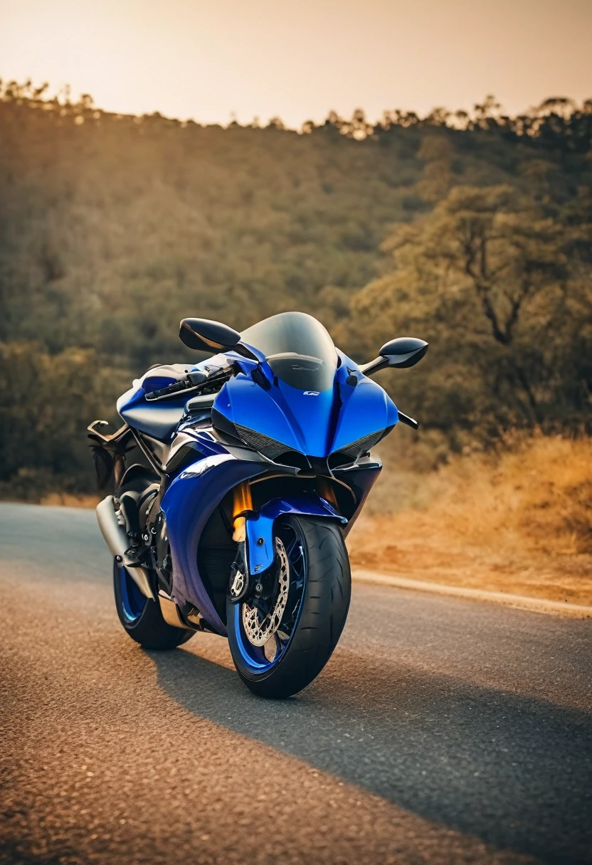 blue Yamaha YZF-R7, cinematic camera angle, phone wallpaper, masterpiece quality, cinematic photography