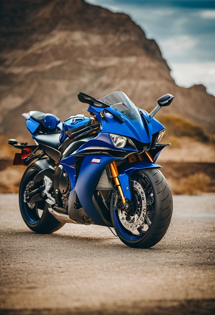 blue Yamaha YZF-R7, cinematic camera angle, phone wallpaper, masterpiece quality, cinematic photography
