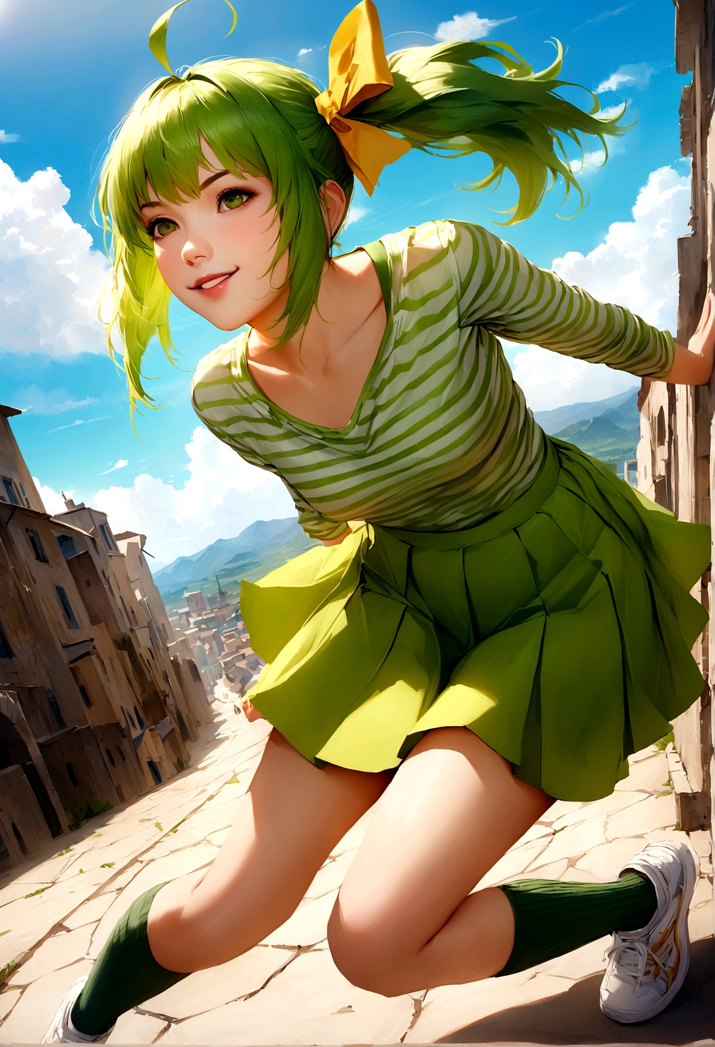 (masterpiece), (Highest quality),  One girl,Dynamic pose,smile, alone, Sorahalewatar, Ahoge, green_eye, green_hair, green_shirt, green_skirt, green_Knee socks, dull_前hair, clavicle, hair_bow, yellow_bow, length_sleeve, Moderate_hair, ~ side_ponytail, small_chest, sneakers_, Striped_shirt, absolute_ryouiki, Realistic,Day,Day光,Beautiful sky,Outdoor