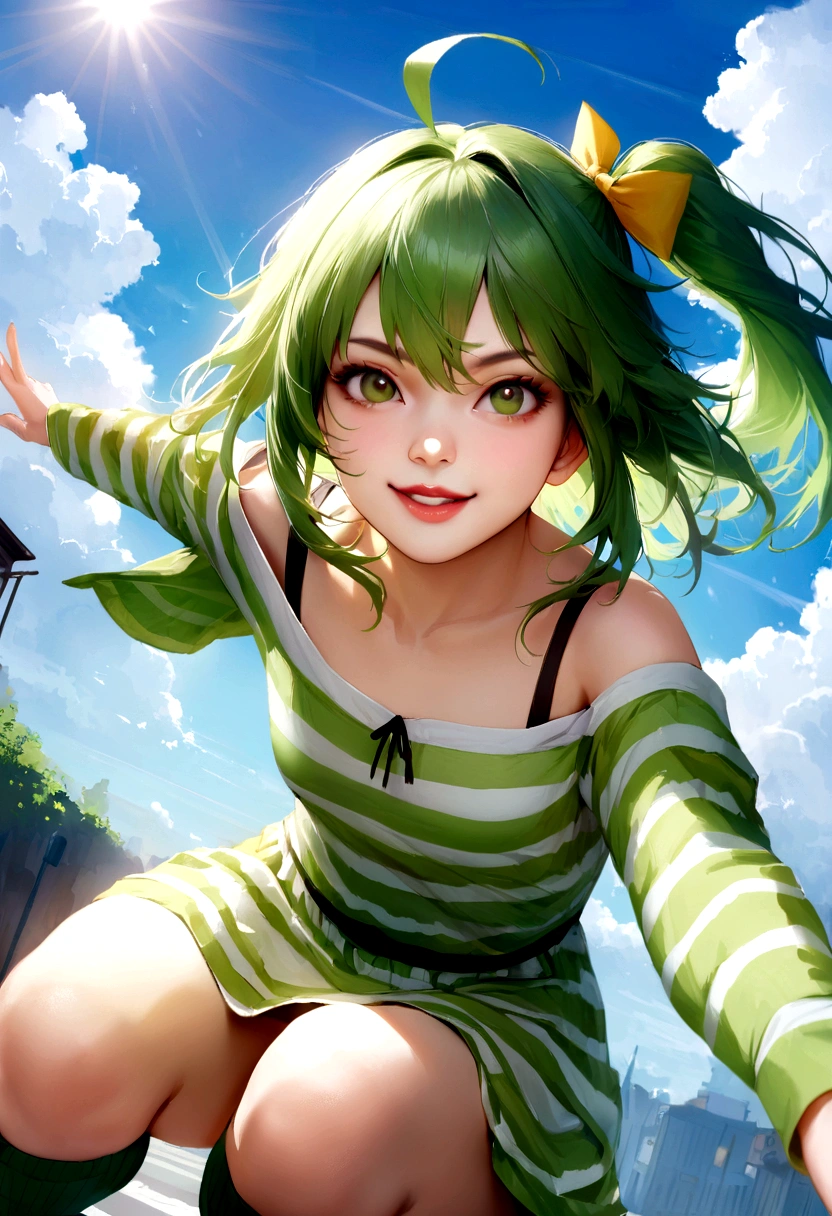 (masterpiece), (Highest quality), One girl,Dynamic pose,smile, alone, Sorahalewatar, Ahoge, green_eye, green_hair, green_shirt, green_skirt, green_Knee socks, dull_前hair, clavicle, hair_bow, yellow_bow, length_sleeve, Moderate_hair, ~ side_ponytail, small_chest, sneakers_, Striped_shirt, absolute_ryouiki, Realistic,Day,Day光,Beautiful sky,Outdoor