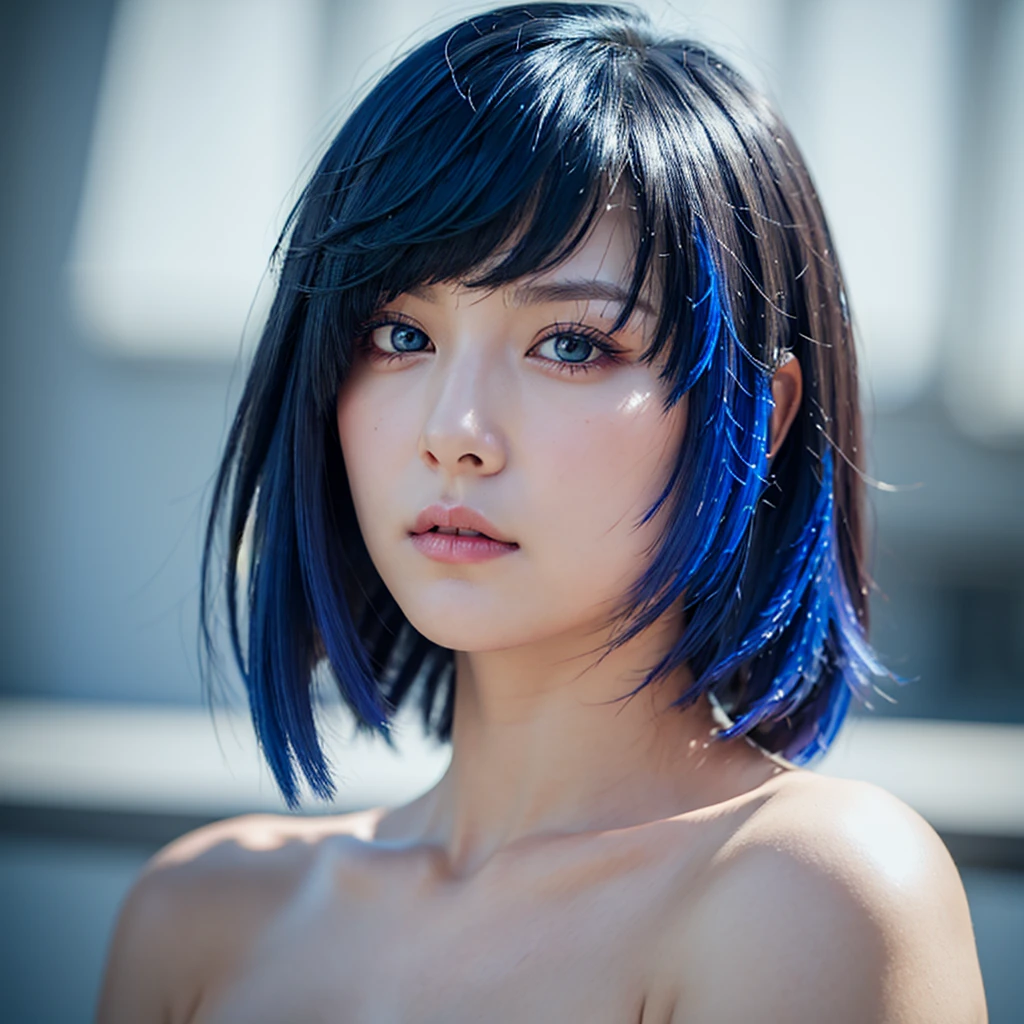 yelan \(genshin impact\), bangs, bare shoulders, blue hair, girl, serious face, beautiful, beautiful eyes, shiny eyes, looking at viewer, realistic hair, realistic lighting, soft lighting, soft color, closeup face, photograph, headshot, portrait, photoshoot, cinematic, RAW Photo, pureerosface_v1