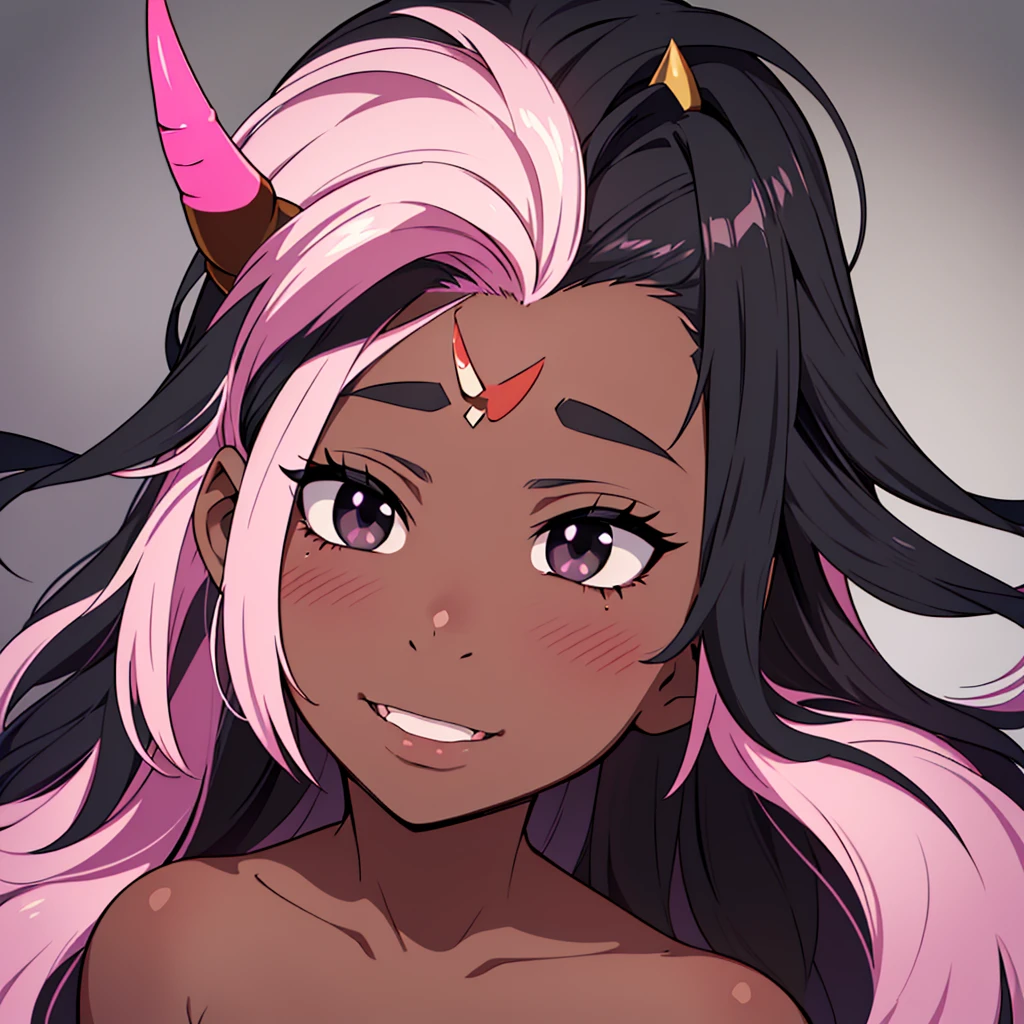 portrait, of an incubus ((male character)), with dark black skin, long flowing mixed hair ((smoky texture hair)), staring at the viewer ((black eyes, tender and melancholic look)), smiling sadly (( thin lip, slightly pink)), disintegrating little by little on the right side of the face, horn ((small horn, two black horns, on the forehead)).