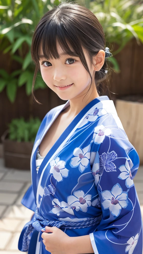 11 year old girl Japanese Blue yukata with iris pattern、yukata Realistic Skin Bigeyes smile