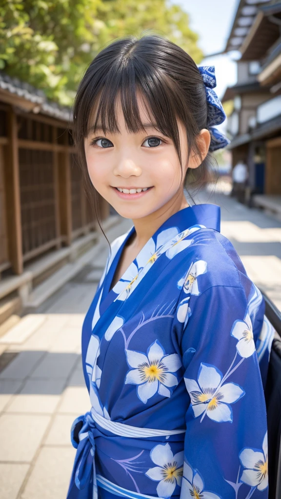 11 year old girl Japanese Blue yukata with iris pattern、yukata Realistic Skin Bigeyes smile