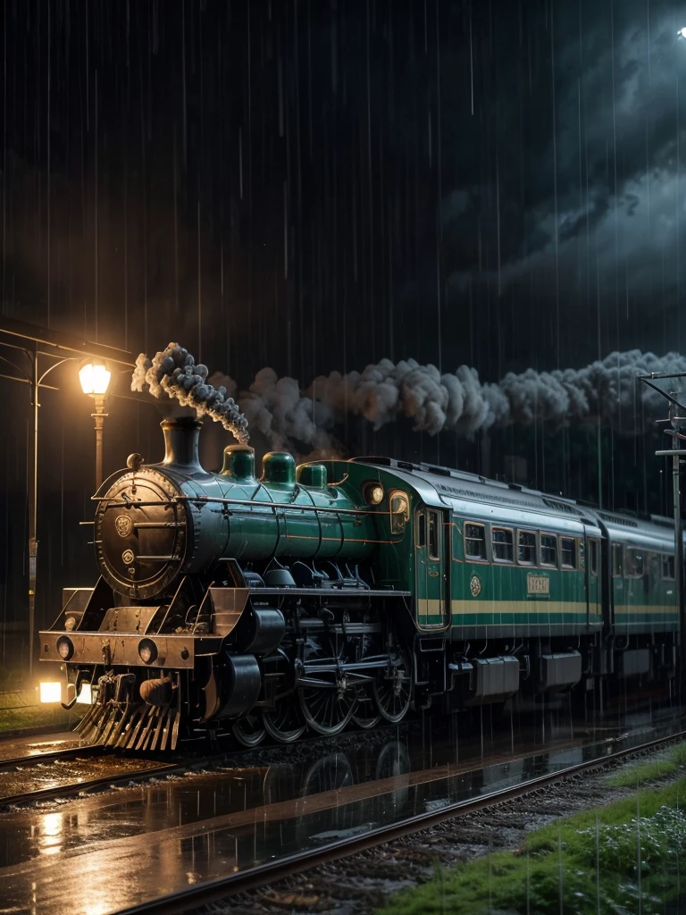 SHOW TRAIN, railway museum, Railway with magnificent train, rainy daytime, rain on the locomotive.