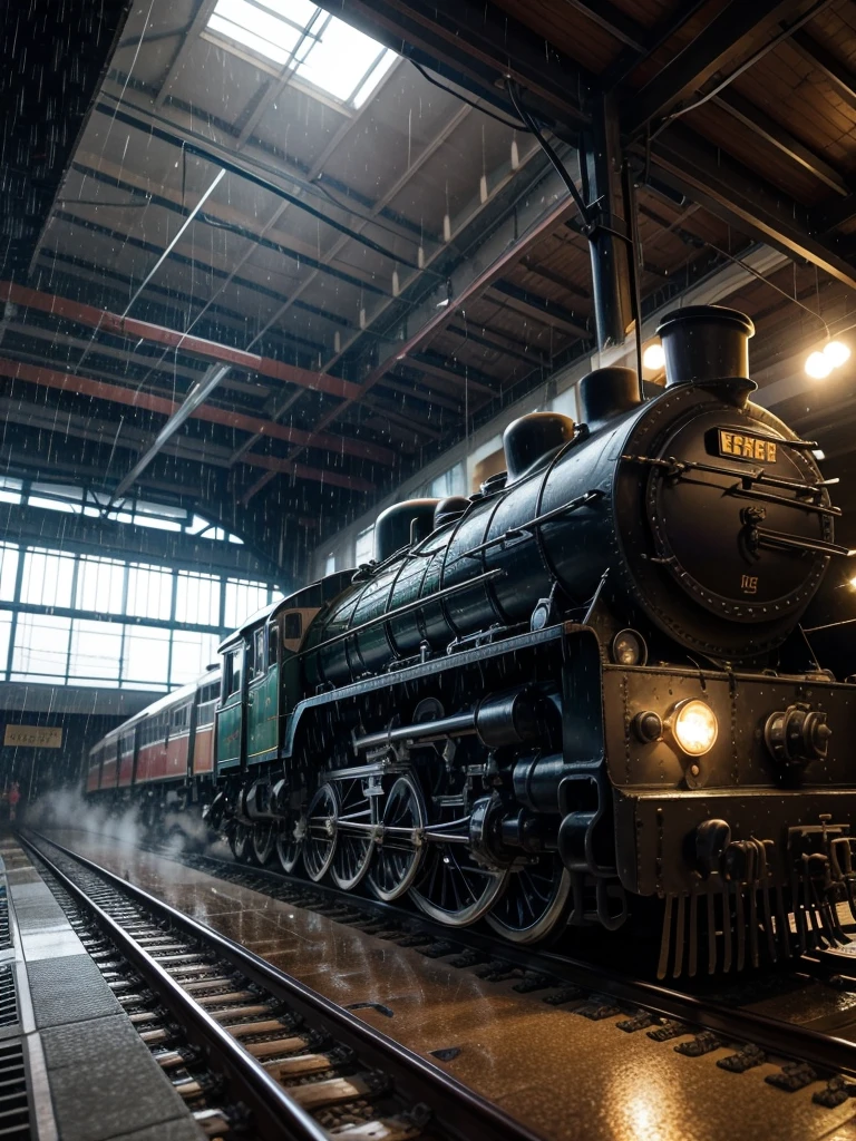 SHOW TRAIN, railway museum, Railway with magnificent train, rainy daytime, rain on the locomotive.