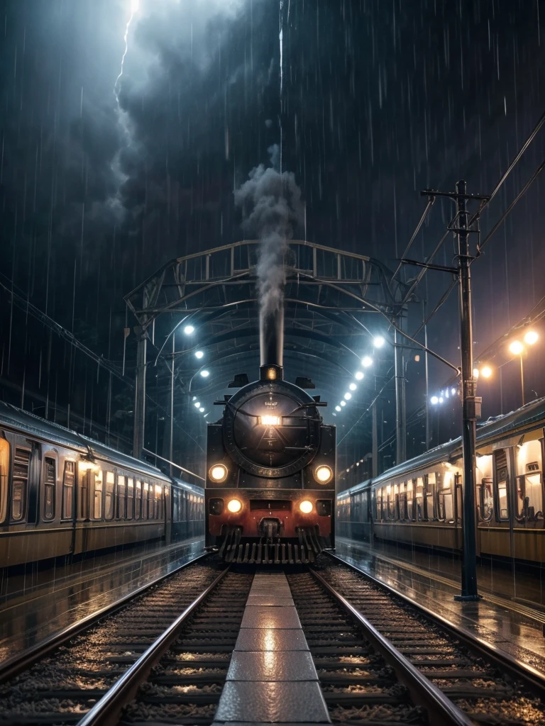 SHOW TRAIN, railway museum, Railway with magnificent train, rainy daytime, rain on the locomotive.
