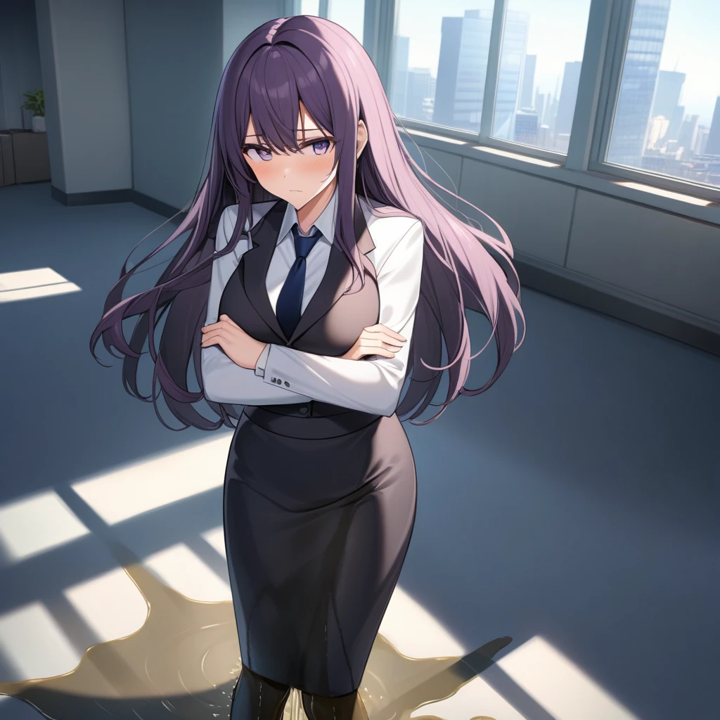 (masterpiece:1.37), best quality, (extremely detailed:1.37), office, window overlooking a bustling cityscape, woman, (mature:1.75), (adult:1.5), (very long hair:1.5), dark purple hair, purple eyes, (extremely detailed eyes:1.37), breasts, sunglasses, business suit, necktie, (very long pencil skirt:2.0), pantyhose, (wetting herself:1.5), standing straight, (desperation:1.5), full body day, daytime, glow, facing viewer, perfect composition, Perfect light and shadow, 8K, (arms crossed:1.5)