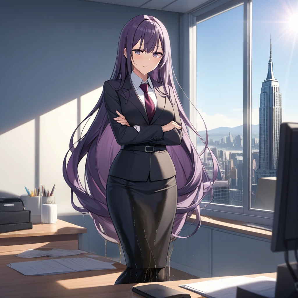 (masterpiece:1.37), best quality, (extremely detailed:1.37), office, window overlooking a bustling cityscape, woman, (mature:1.75), (adult:1.5), (very long hair:1.5), dark purple hair, purple eyes, (extremely detailed eyes:1.37), breasts, sunglasses, business suit, necktie, (very long pencil skirt:2.0), pantyhose, (wetting herself:1.5), standing straight, (desperation:1.5), full body day, daytime, glow, facing viewer, perfect composition, Perfect light and shadow, 8K, (arms crossed:1.5)